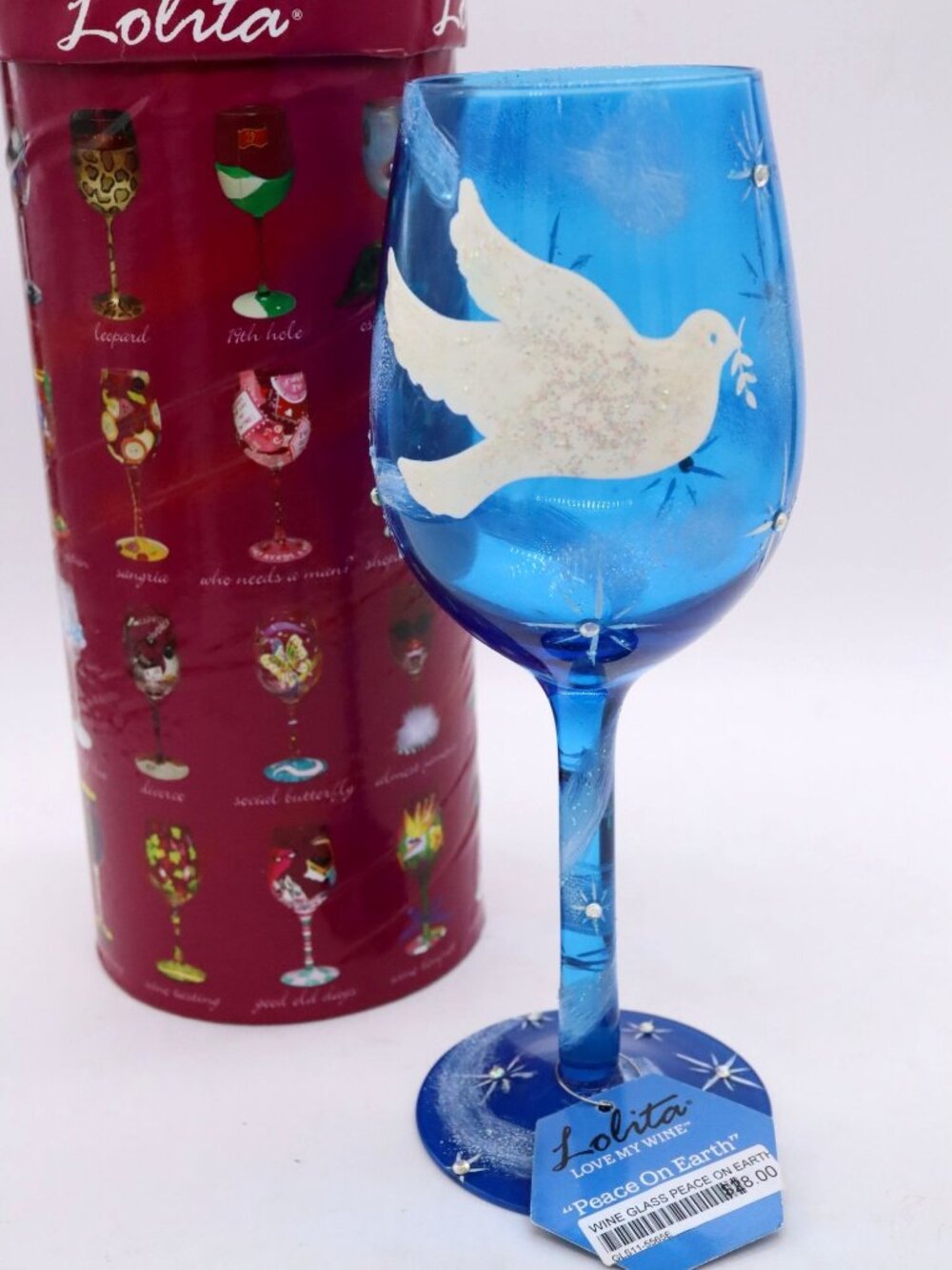 Lolita PEACE ON EARTH Wine Glass Hand Painted w/ Recipe on Bottom New in Box
